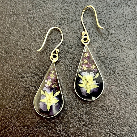 Vintage sterling silver vermeil dried flower dangle earrings - Picture 2 of 7